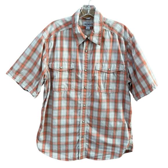 Carhartt Relaxed Fit Orange Plaid Short Sleeve Pearl Snap‎ Men's Size Large - Picture 1 of 8